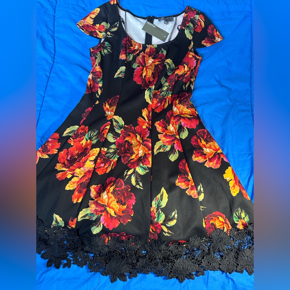 Donna Ricco Black Dress with Red and Yellow Floral Design